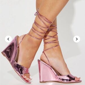 Fashion Nova Pink Metallic Wedge Sandals